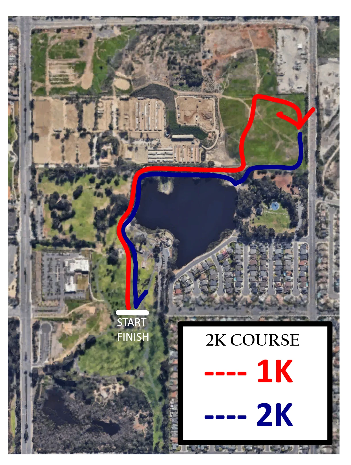 Satellite map of Huntington Beach Central Park showing the 1K and 2K course routes from the start and finish line.
