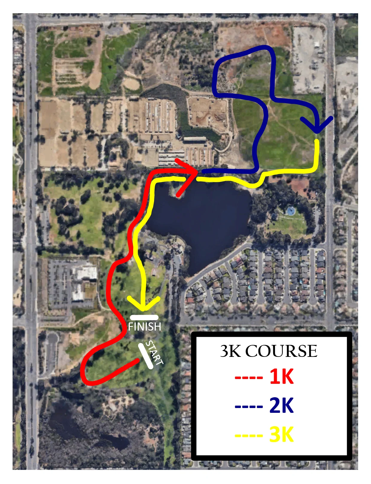 Satellite map of Huntington Beach Central Park showing the 3K course route.