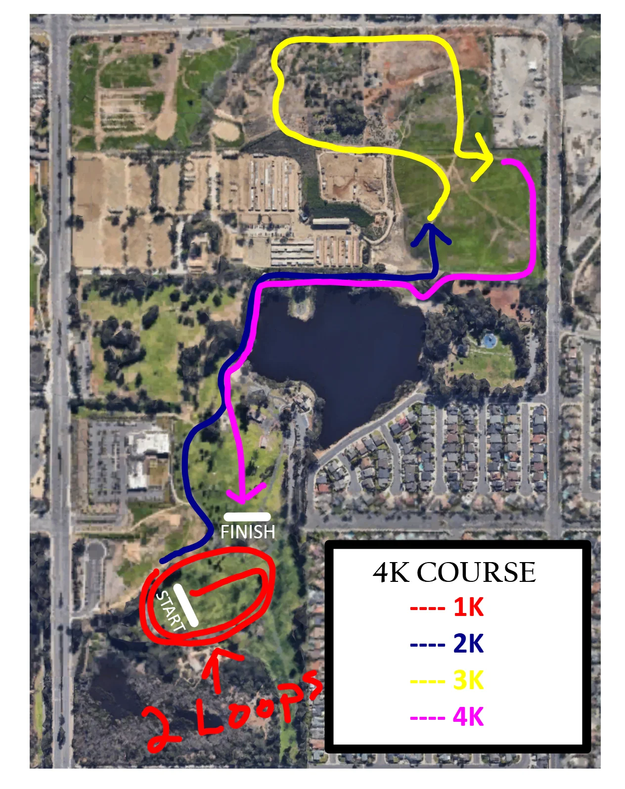 Satellite map of Huntington Beach Central Park showing the 4K course route.