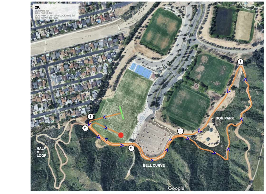 Satellite map of Central Park in Santa Clarita with the 2K route from the start through the Bell Curve and Dog Park to the finish.
