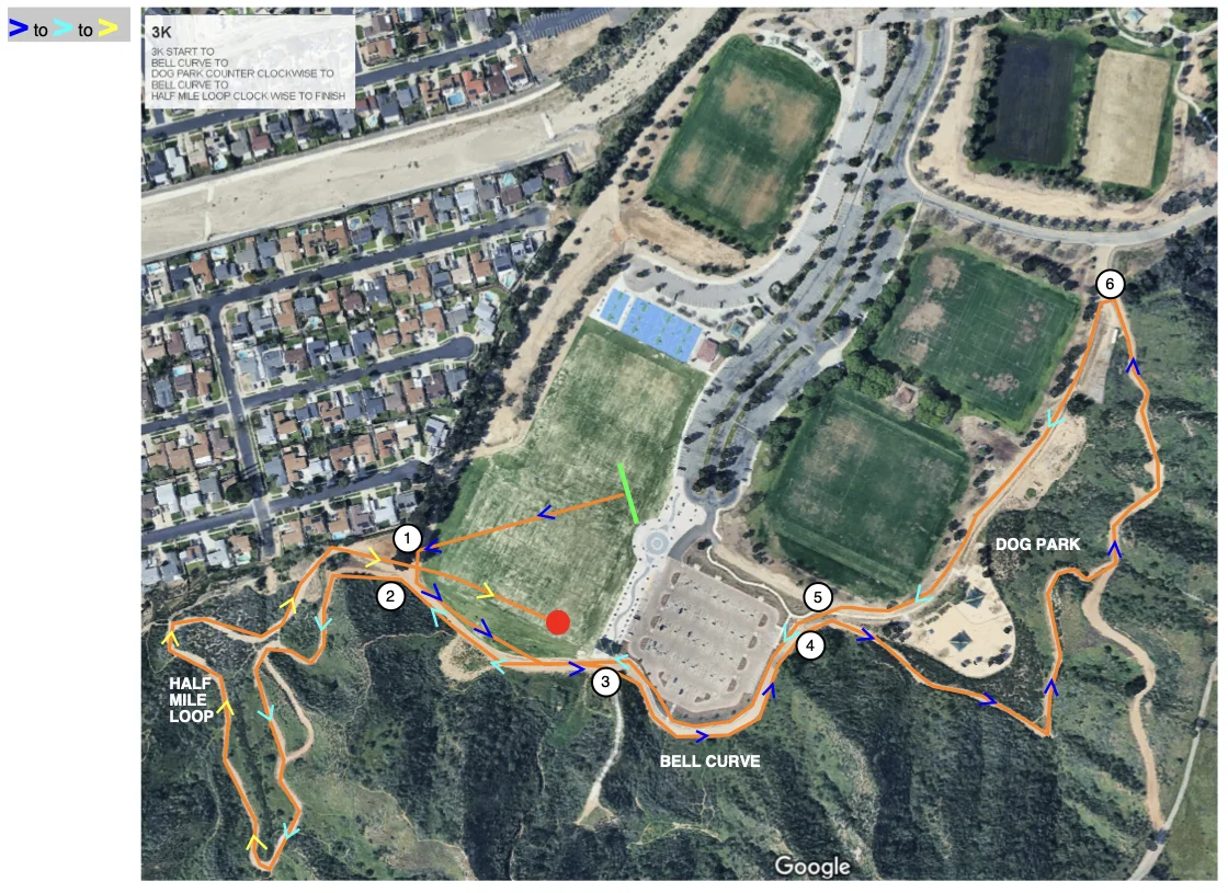 Satellite map of Central Park in Santa Clarita with the 3K route through the Bell Curve, Dog Park, and Half Mile Loop to the finish.