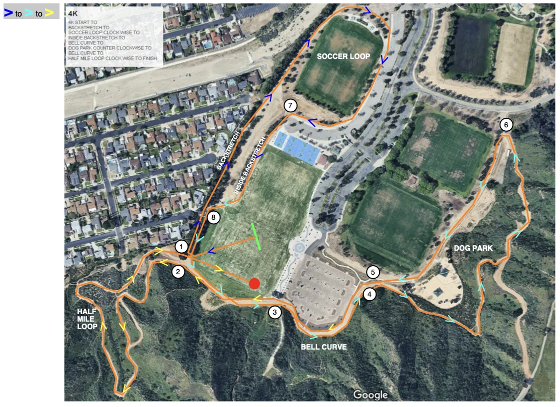 Satellite map of Central Park in Santa Clarita with the 4K route adding the soccer loop and backstretch before the Dog Park and Half Mile Loop.