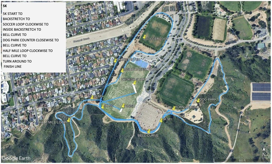 Satellite map of Central Park in Santa Clarita with the 5K route including the soccer loop, Dog Park, Half Mile Loop, and a turnaround before the finish.