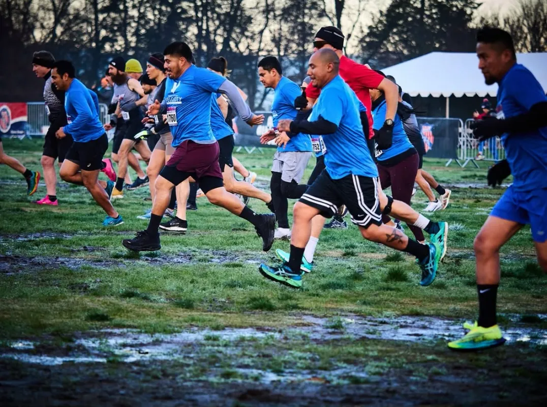 Masters runners at a cross country start
